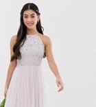 Maya Petite Bridesmaid Halter Neck Mini Tulle Dress With Tonal Delicate Sequins In Soft Lilac-purple