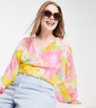 Asos Design Curve Twist Plunge Top In Bright Floral Print-multi