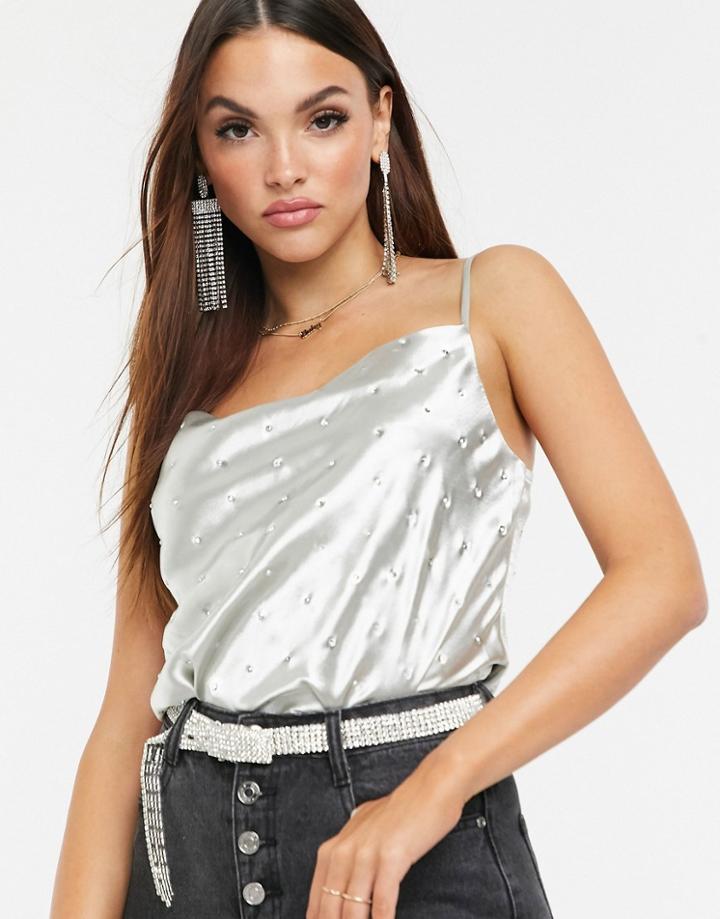 Asos Design Cowl Neck Cami With Hot Fix In High Shine Satin