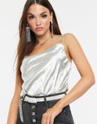 Asos Design Cowl Neck Cami With Hot Fix In High Shine Satin