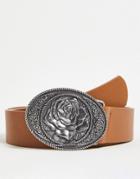 Asos Design 70s Wide Belt In Brown Faux Leather With Antique Silver Rose Plate Buckle