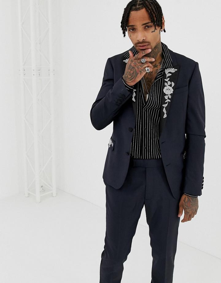 Asos Edition Skinny Suit Jacket In Navy 100% Wool With Embroidery
