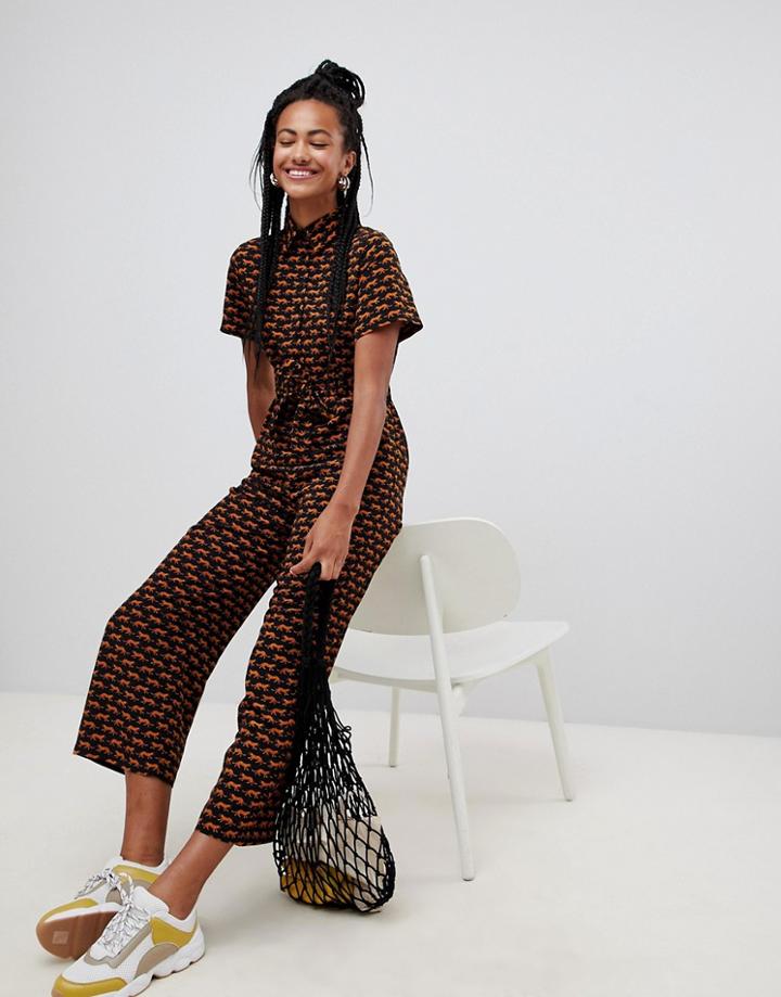 Monki Tiger Print Cropped Jumpsuit - Black