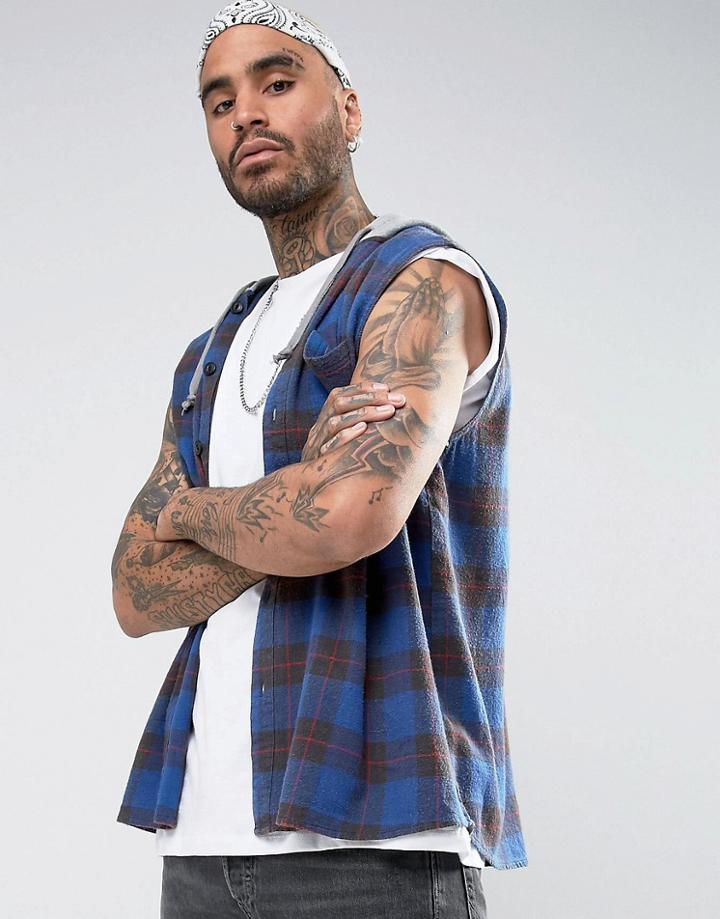 Asos Oversized Sleeveless Hooded Check Shirt - Blue