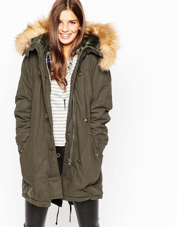 Asos Parka With Check Liner And Ma1 Detail - Green