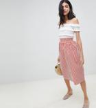 Asos Design Tall Cotton Midi Skirt With Button Front In Stripe - Red