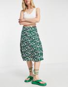 Urban Revivo Ruched Front Midi Skirt In Green Floral Print