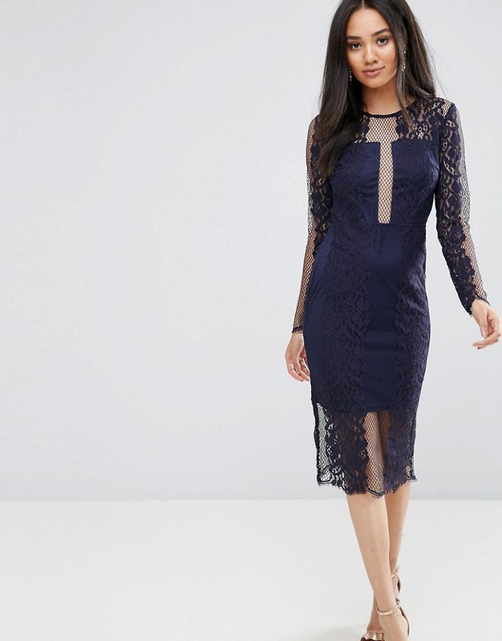 Ax Paris Navy Long Sleeve Lace Midi Dress - Navy