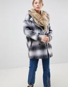 Bellfield Wool Check Coat With Faux Fur Collar - Black