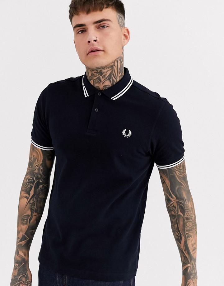 Fred Perry Twin Tipped Logo Polo In Navy/white