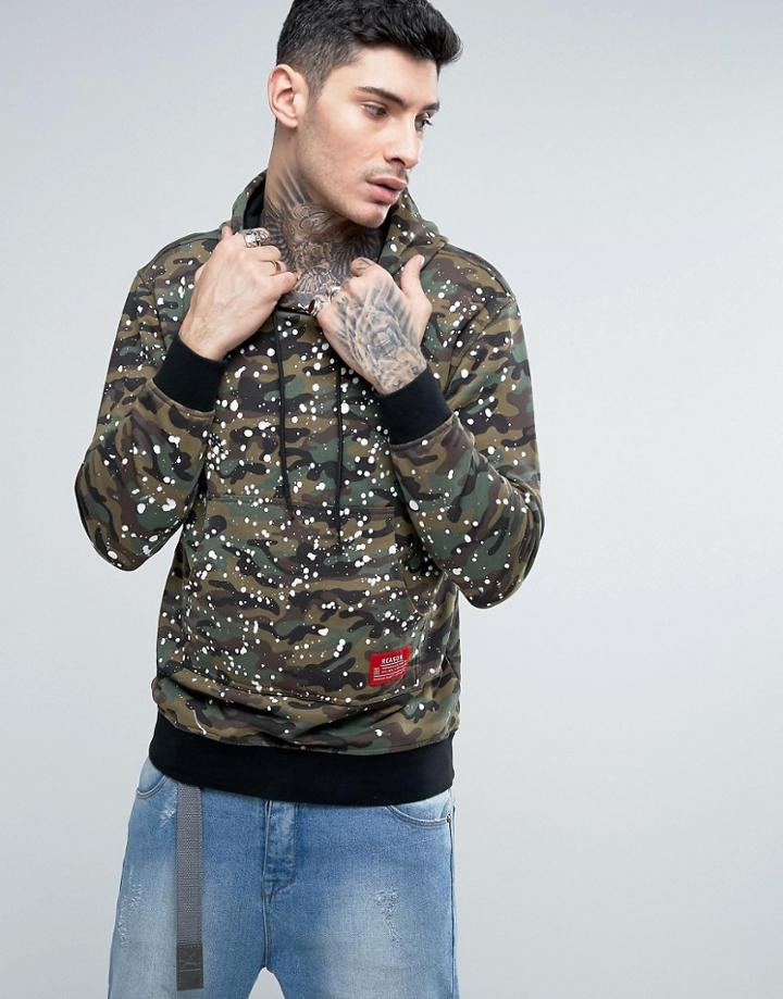 Reason Camo Hoodie With Paint Splat And Back Print - Green