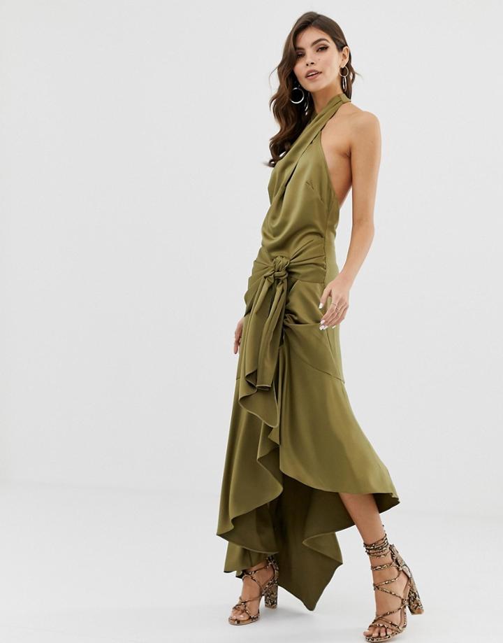 Asos Design Sash Side Midi Dress In Satin-multi