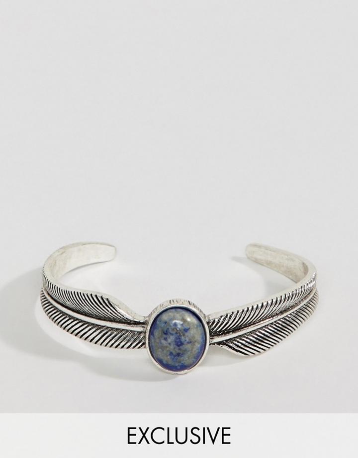Reclaimed Vintage Feather Bangle In Burnished Silver With Stone - Silver