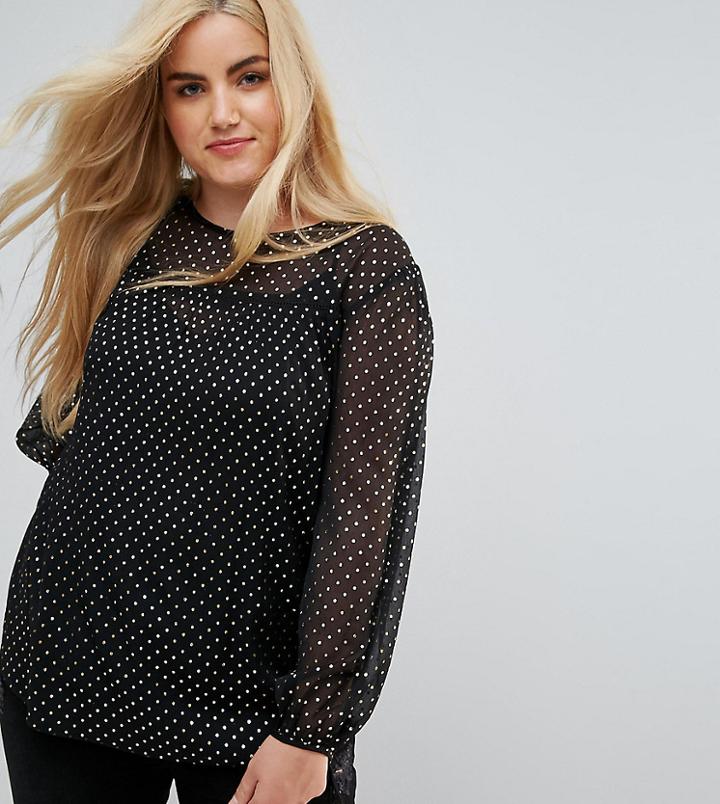 New Look Curve Metallic Spot Wide Sleeve Top - Black