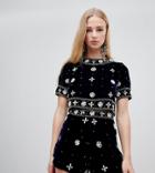 Lace & Beads Velvet Embellished Shorts In Midnight Navy - Navy