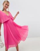 Asos Design Midi Dress With Pleat Skirt And Flutter Sleeve-pink