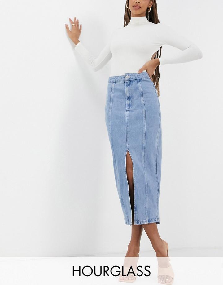 Asos Design Hourglass Denim Seamed Midi Skirt In Mid-wash-black