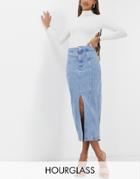 Asos Design Hourglass Denim Seamed Midi Skirt In Mid-wash-black