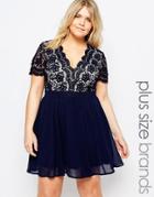 Club L Plus Skater Dress With Scalloped Crochet Top - Navy