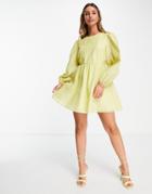 Ghospell A-line Mini Dress With Puff Sleeve In Bright Yellow