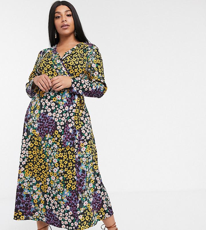 Asos Design Curve Wrap Maxi Dress In Mixed Daisy Print-multi