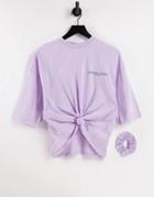 Chelsea Peers Organic Cotton Acid Wash Crop Knot Front Tee With Scrunchie In Lilac-purple