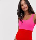 New Look Color Block Shirred Swimsuit In Bright Red