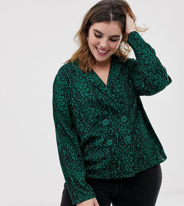 Influence Plus Animal Print Blazer Blouse With Button Detail - Green