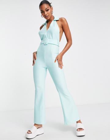 Asos Design Ribbed Zip Front Collared Jumpsuit With Belt In Baby Blue