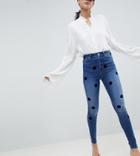 Asos Design Tall Ridley High Waist Skinny Jeans In Dark Stone Wash With Large Flock Spots - Blue