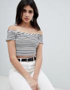 New Look Stripe Shirred Bardot Top - Black