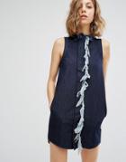 Vale Shift Dress With Fray Detail - Blue