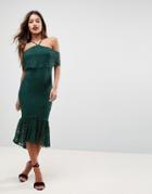 Asos Bandeau Flutter Sleeve Lace Midi Pephem Dress - Green