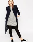 Asos Coat In Pinstripe With Stand Collar - Navy