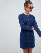 Asos Design Denim Collarless Dress In Mid Wash-blue