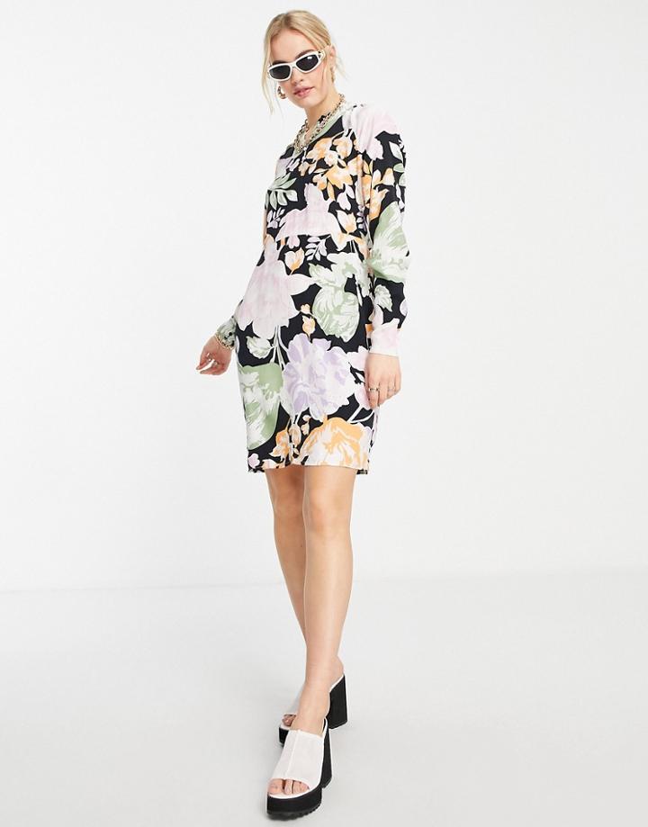 Vila Mini Dress With Ruffle Neck In Pastel Floral-multi