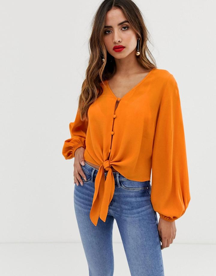 Asos Design Long Sleeve Button Front Top With Tie Detail-blue