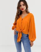 Asos Design Long Sleeve Button Front Top With Tie Detail-blue