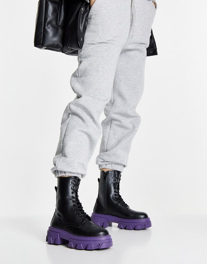 Topshop Kick Chunky Lace Up Boot In Black And Purple-multi