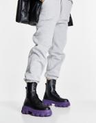 Topshop Kick Chunky Lace Up Boot In Black And Purple-multi
