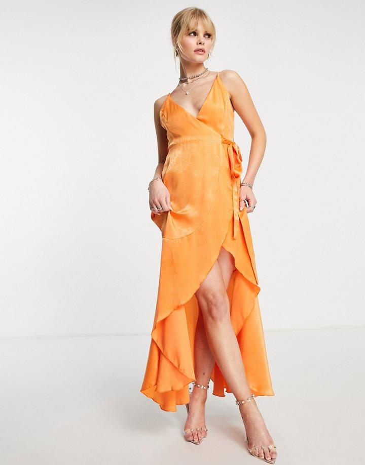 Flounce London Wrap Front Midi Dress In Orange Satin