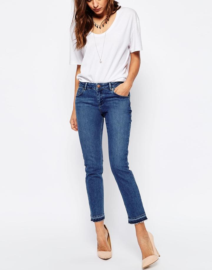 Asos Kimmi Shrunken Boyfriend Jeans With Let Down Hem In Mid Wash Blue - Midwash Blue