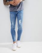 Bershka Super Skinny Jeans With Rips In Mid Blue - Blue