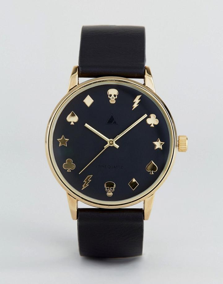 Asos Watch With Black Faux Leather Strap And Skull Design - Black