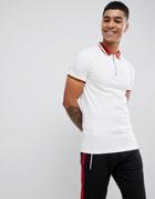 Asos Design Muscle Polo Shirt With Ring Neck Pull And Contrast Collar And Cuff Tipping - White