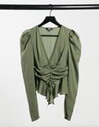 Missguided Cinched Waist Blouse With Buttons In Khaki Satin-green
