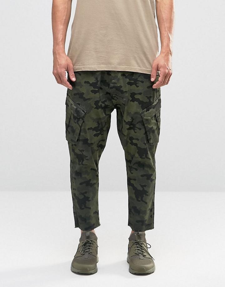 Asos Drop Crotch Cropped Cargo Pants In Camo - Green