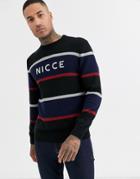 Nicce Crew Neck Sweater In Stripe With Logo-navy