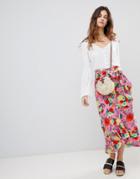 Asos Design Cotton Midi Skirt With Ruffle Hem And Belt In Floral Print - Multi
