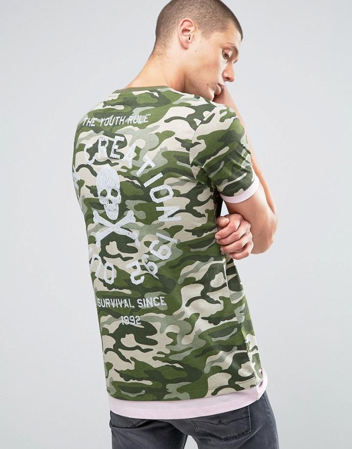 Asos Longline T-shirt With All Over Camo Print And Contrast Cuff And Hem Extender - Green